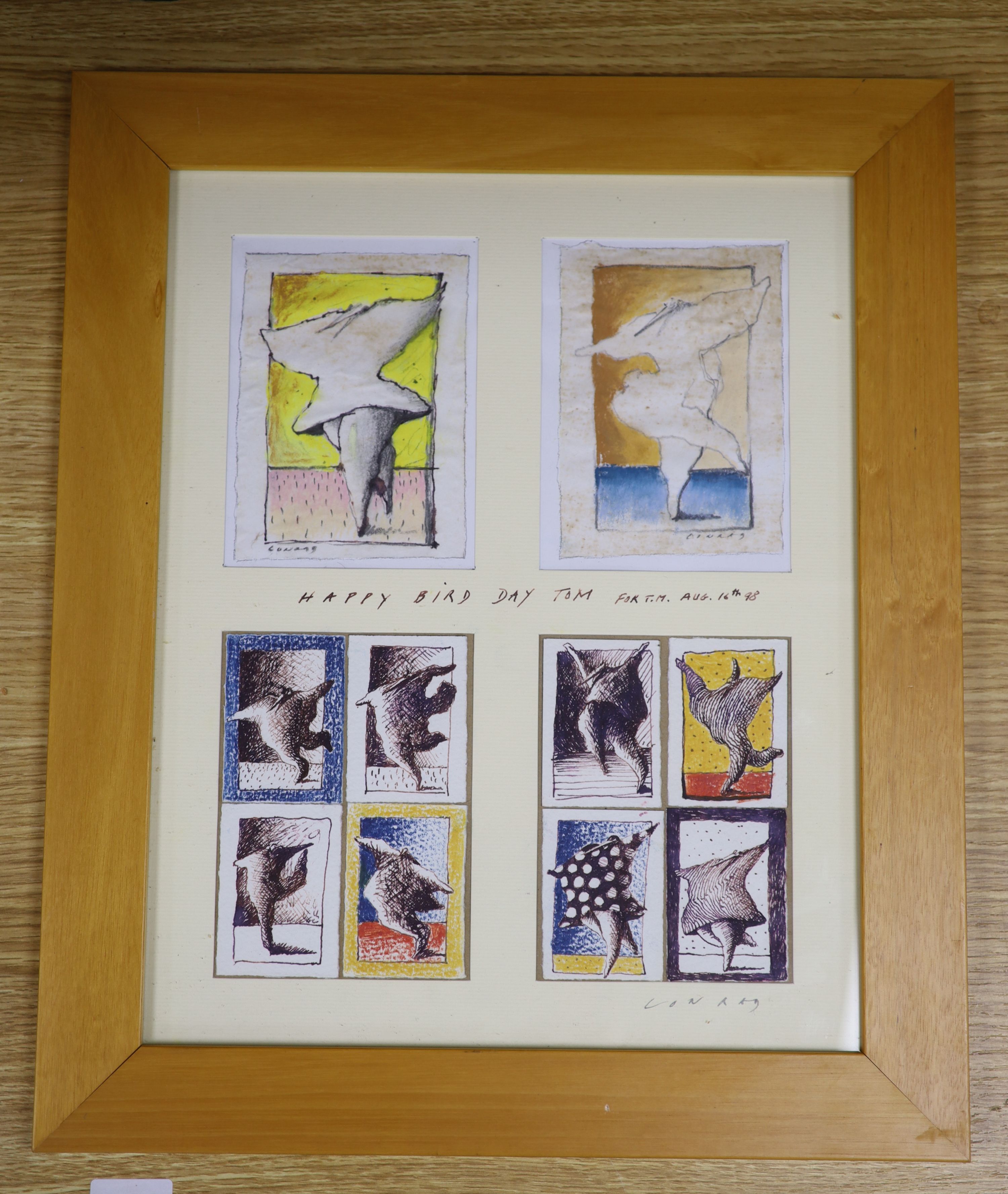 Patrick Conrad (1945-), four watercolours, 'Happy Bird Day', signed and inscribed 'To Tom', each 13 x 10cm, framed as one